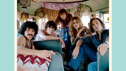 Is Daisy Jones and the Six based on Fleetwood Mac? Pictured: (Left to Right): Sebastian Chacon (Warren Rojas), Will Harrison (Graham Dunne), Josh Whitehouse (Eddie Roundtree) Suki Waterhouse (Karen Sirko), Sam Claflin (Billy Dunne)