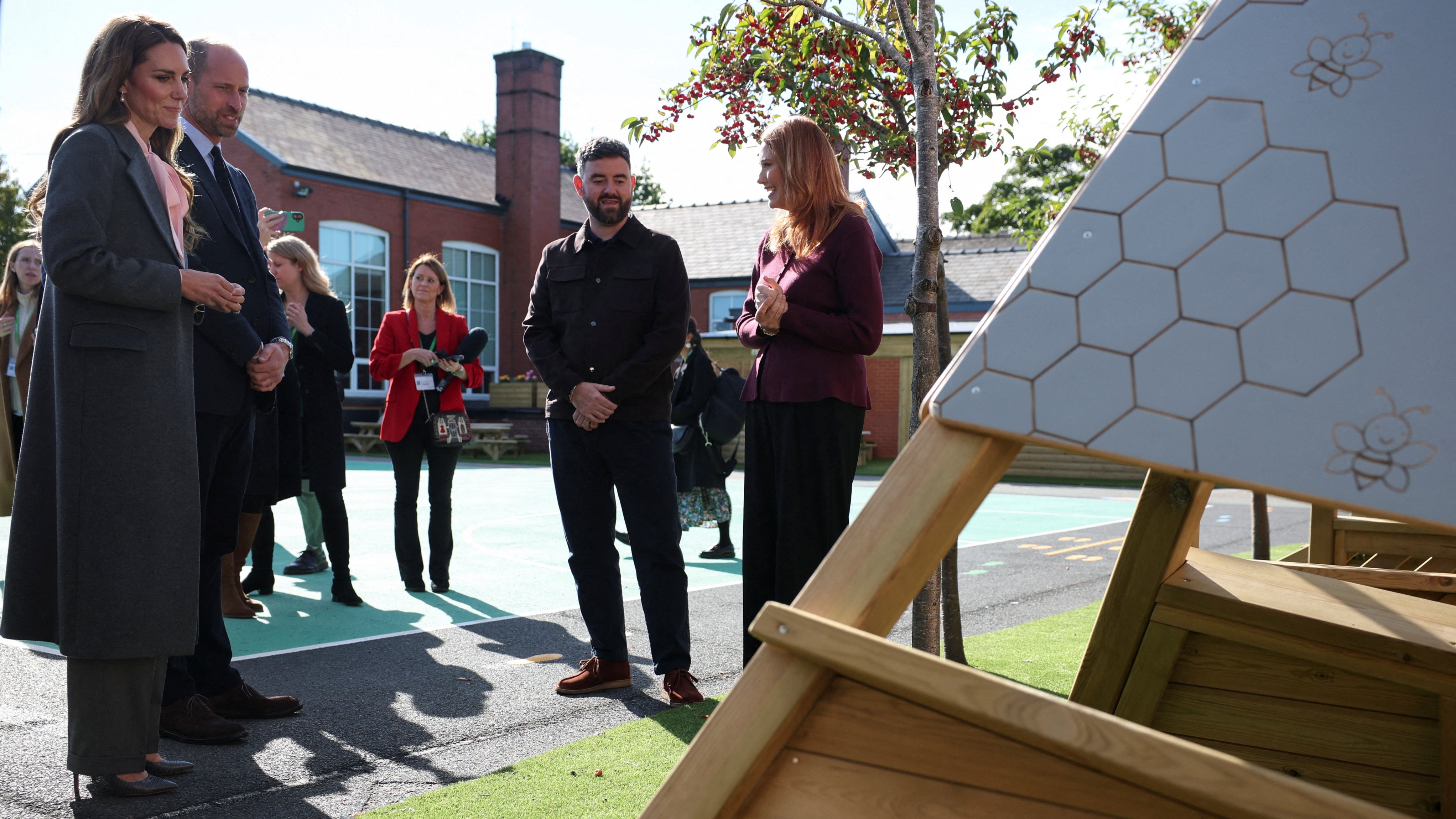 Prince William, Prince of Wales and Britain&#039;s Catherine, Princess of Wales view the new commemorative playground at Churchtown Primary School, created in memory of Bebe King and Alice da Silva Aguiar