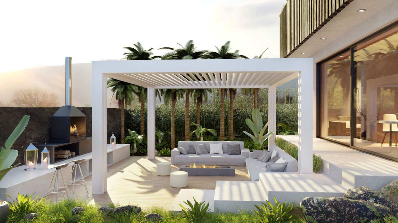 white pergola in modern urban space