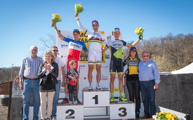 The elite men's podium feature stars Nino Schurter and Julien Absalon