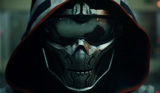 Taskmaster watching battle footage with its face mask on in Black Widow.