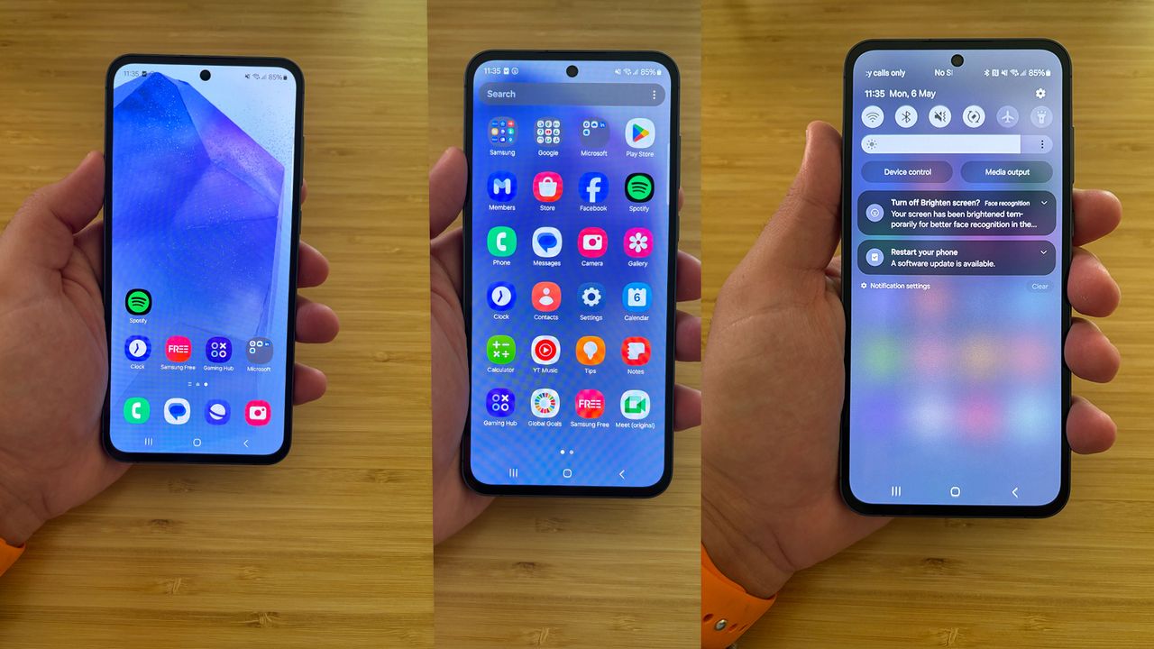 Galaxy A55 homepage, app library and control panel