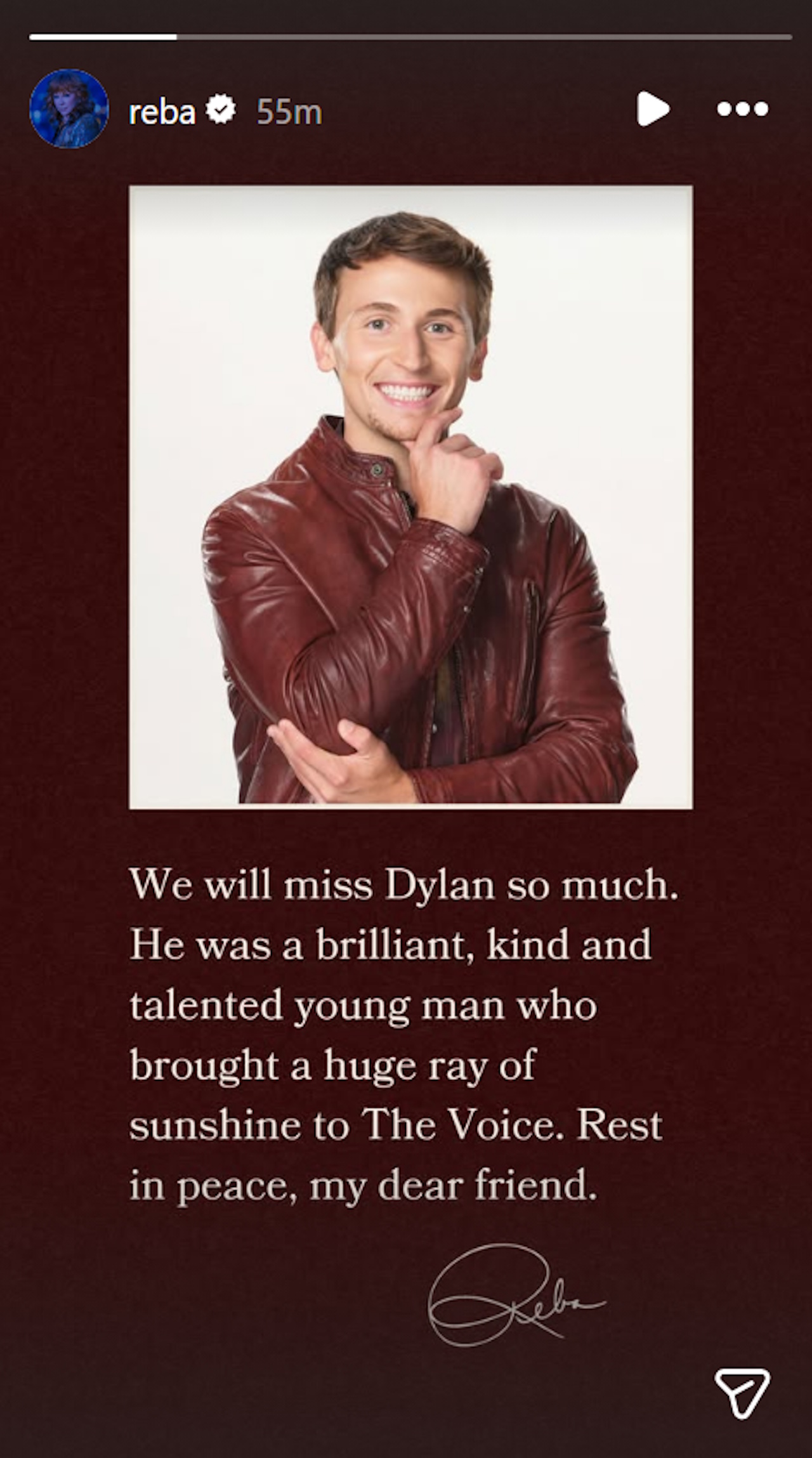 Reba McEntire pays tribute to Dylan Carter, a contestant on The Voice Season 24, after his death in a car accident at age 24.
