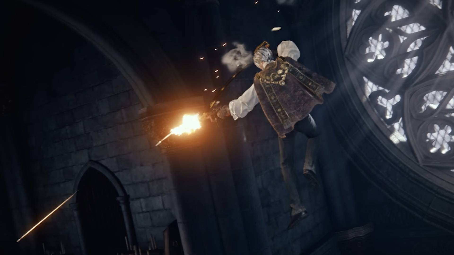 The Duskbloods Albert leaping through the air firing his SMG
