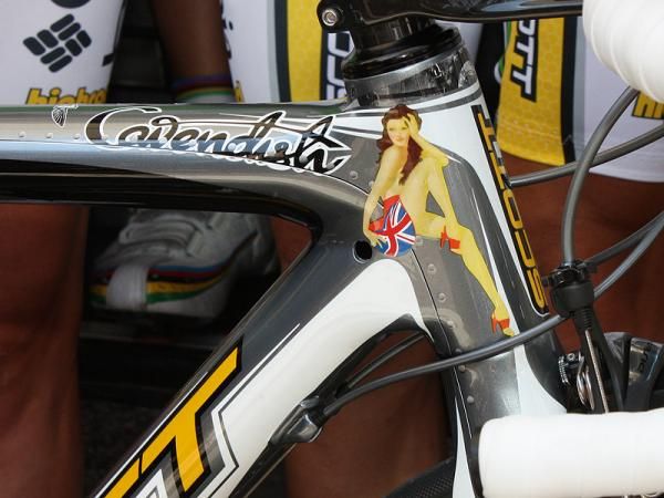 Intricate painted-on rivets give Cavendish's bike the appearance of aluminum sheet.