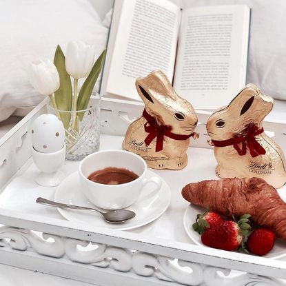 easter egg deals - two chocolate bunnies on a breakfast tray