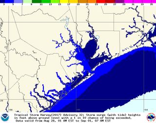Storm surges from Harvey, seen here in blue, are expected to extend inland from the eastern coast of Texas and could reach heights of up to 5 feet.