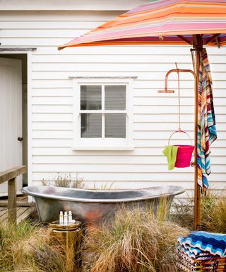 tin bath outdoors with shower