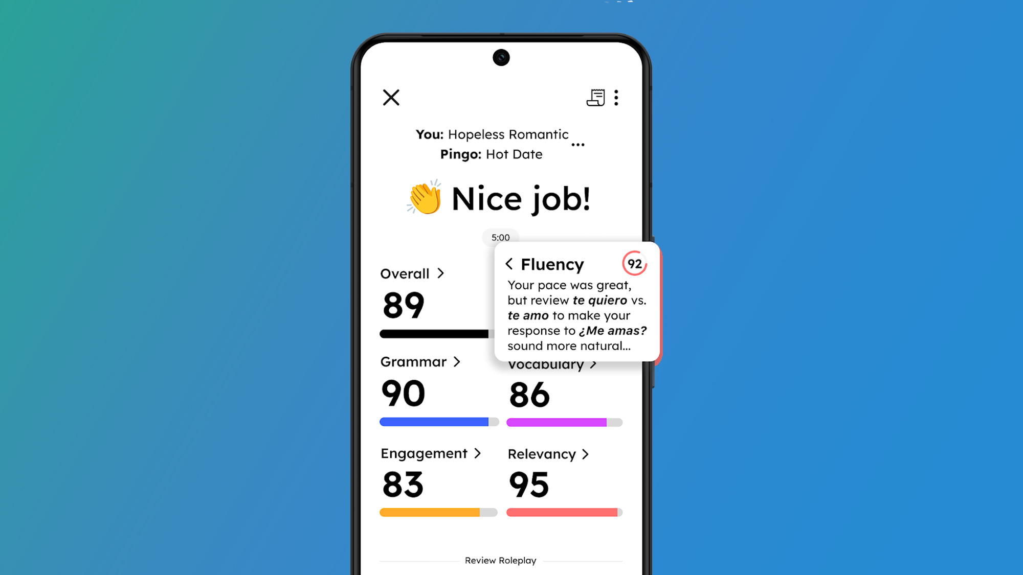 An Android phone on a green and blue background showing the Pingo app