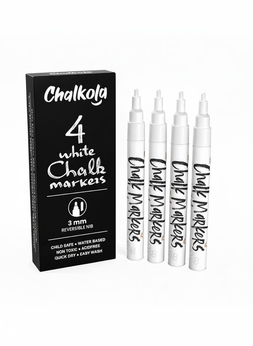 Fine Tip White Chalk Pens - Pack of 4 Chalk Markers - Use on Chalkboard, Windows, Blackboard, Signs, Glass, Bistro - Water Based Wet Wipe Erasable Pen - 3mm Reversible Bullet & Chisel Tip