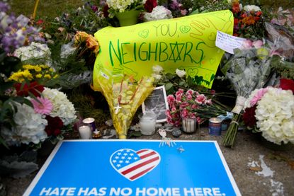 Flowers at a memorial for the people killed in PIttsburgh