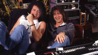 Eddie Van Halen and Steve Lukather laughing in a studio