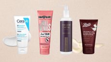 Four of the best foot creams featured in this guide from (left to right) CeraVe, Soap & Glory, Margaret Dabbs and Boots, with two product swatches set against a beige background 