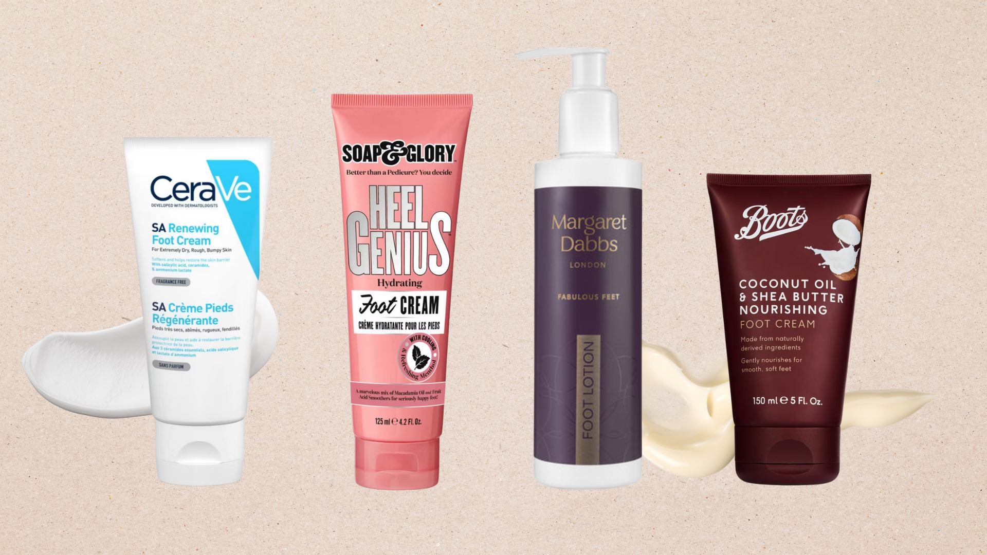 Four of the best foot creams featured in this guide from (left to right) CeraVe, Soap &amp; Glory, Margaret Dabbs and Boots, with two product swatches set against a beige background 