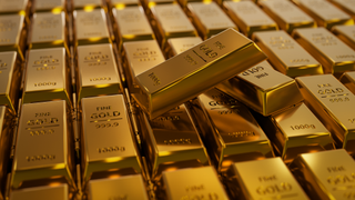 3D illustration of two gold bars laying on regular stacked layer of 1kg 999,9 fine gold bar ingots.