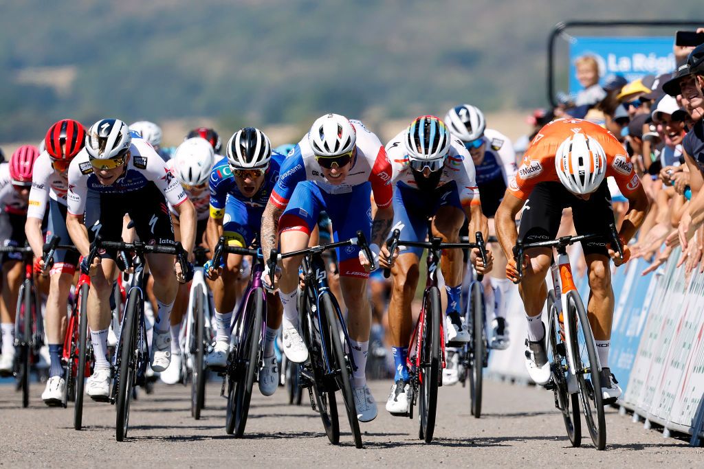VALREVERMONT FRANCE AUGUST 09 LR Stan Van Tricht of Belgium and Team QuickStep Alpha Vinyl Jake Stewart of United Kingdom and Team Groupama FDJ and Jason Tesson of France and Team St Michel Auber 93 sprint to win during the 34th Tour de lAin 2022 Stage 1 a 152km stage from ChtillonSurChalaronne to ValRevermont TDA22 on August 09 2022 in ValRevermont France Photo by Bas CzerwinskiGetty Images