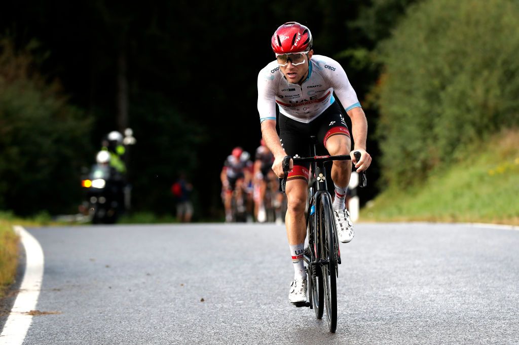 ESCHSURSRE LUXEMBOURG SEPTEMBER 15 Marc Hirschi of Switzerland and UAE Team Emirates white best young rider jersey competes during the 81st SkodaTour De Luxembourg 2021 Stage 2 a 1861km stage from Steinfort to EschSurSre Eschdorf 504m skodatour skodatour on September 15 2021 in EschSurSre Luxembourg Photo by Bas CzerwinskiGetty Images