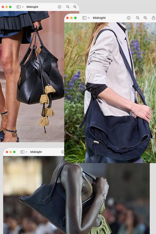 A collage of runway images depicting the bag color trend spring 2025 midnight or navy in Ulla Johnson, Boss, The Attico's collections