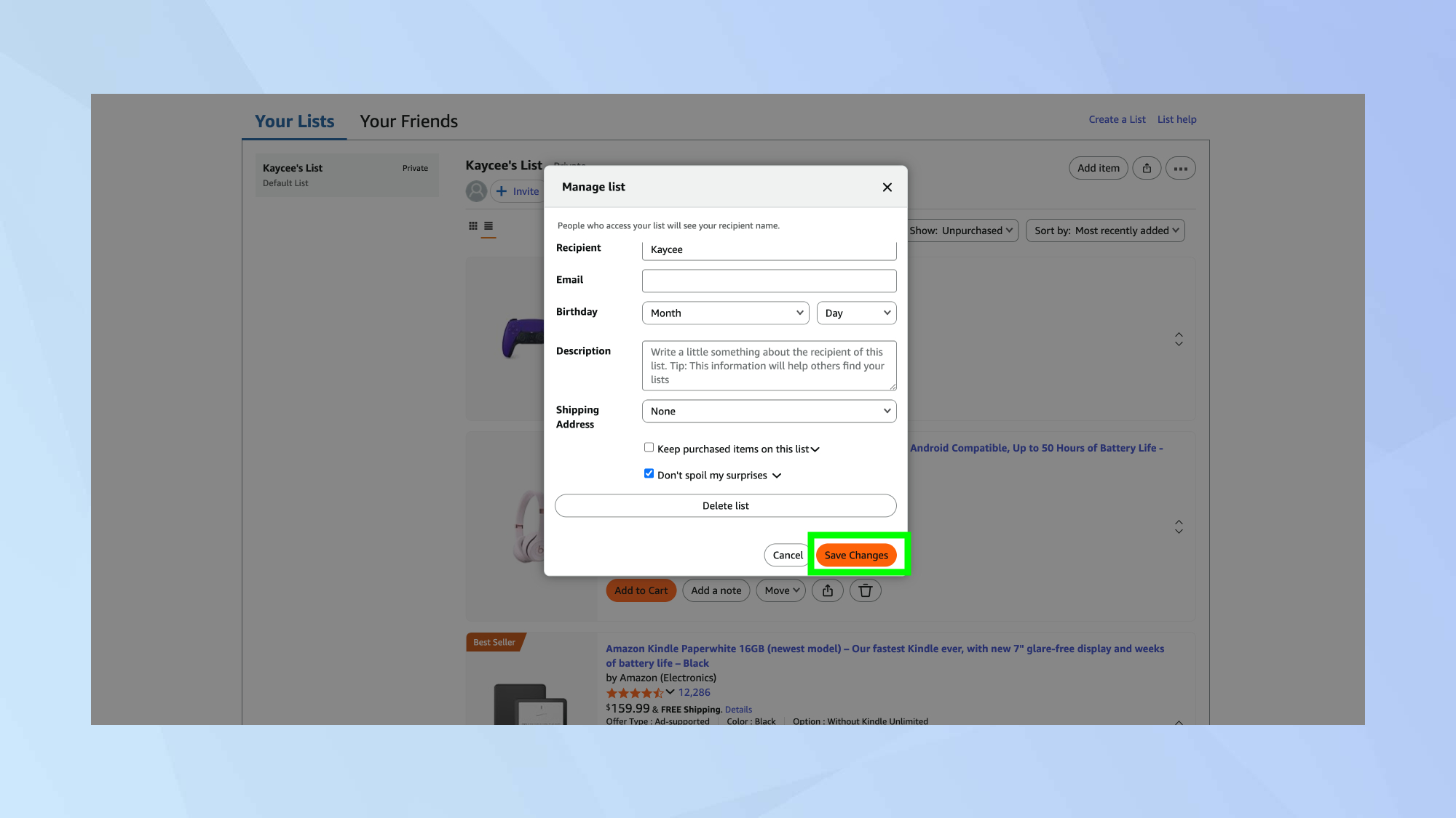 Amazon manage lists