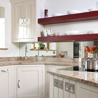 kitchen room with kitchen shelves and kitchen cabinets