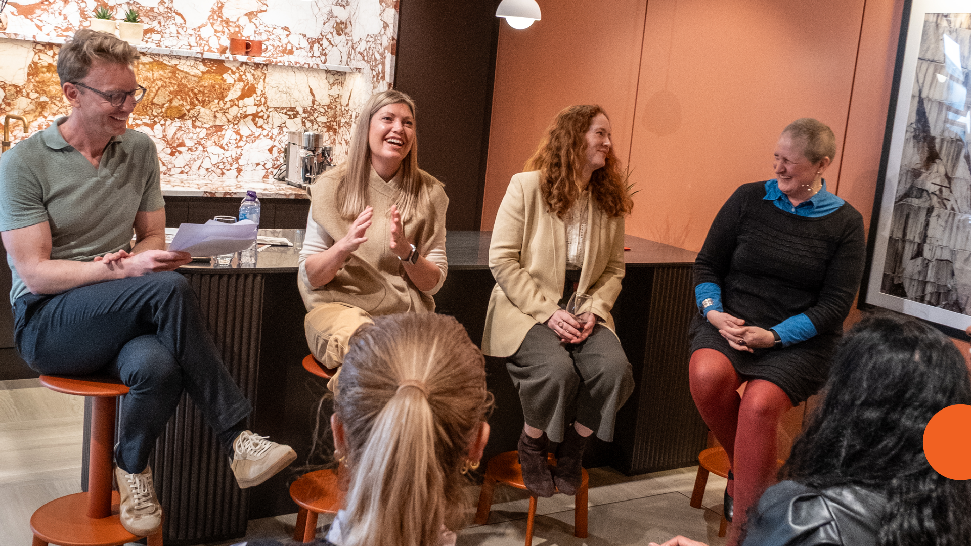 panellists Pip Rich, Portia Fox, Camilla Roger and Elina Grigoriou on stools in front of a live audience