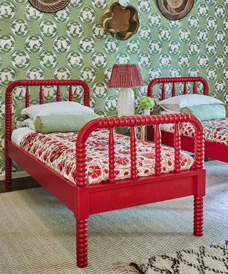 Bedroom ideas for children with two beds painted bright red