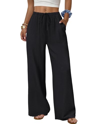 Sampeel Women's Pants Wide Leg Dressy Black Linen Pants Palazzo Summer Outfits Fahion Beach Vacation Clothes Business Casual Outfits Travel Airport 2026 Trousers S