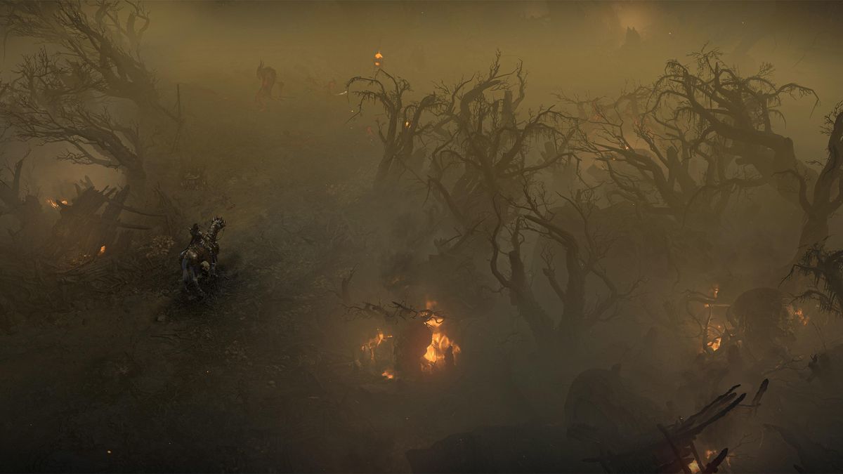 Diablo 4 player travelling through swamps of Hawezar region with fire