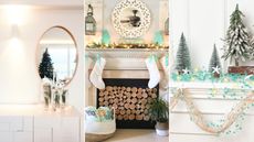Three pictures of coastal Christmas decor: one of a mirror, one of a fireplace, and one of a mantelpiece