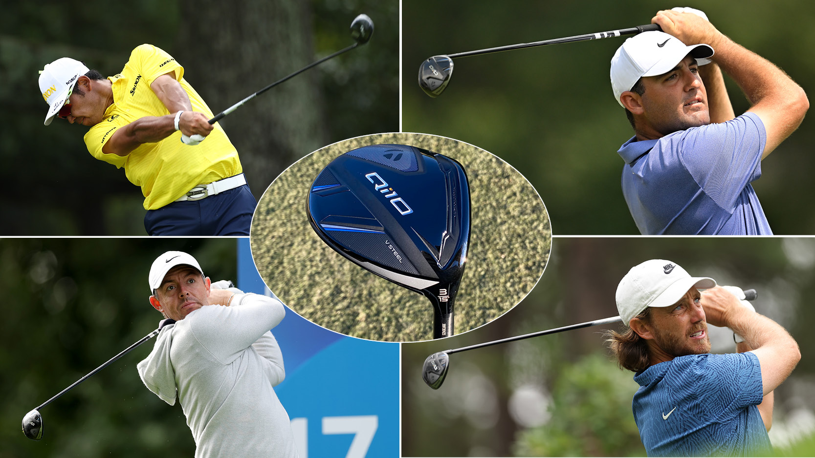 The TaylorMade Qi10 fairway wood, with various golfers around the outside