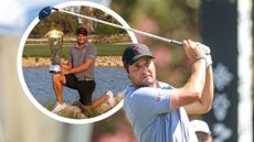 Peter Uihlein after hitting a driver off the tee, with an inset image of Uihlein holding the International Series Qatar trophy