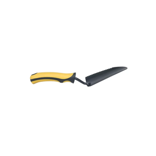 A black and yellow gardening trowel