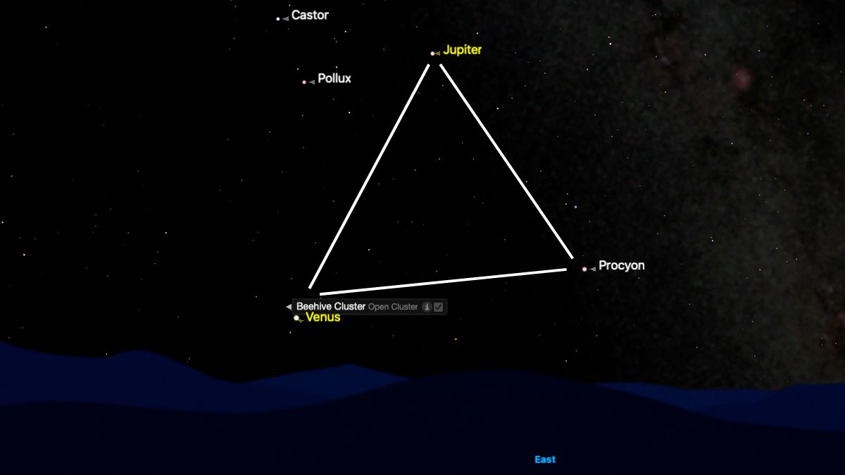 A simulation of the night sky showing Venus positioned close to the eastern horizon on Aug. 31, with the bright star Procyon to its right and Jupiter above, forming a triangle. The bright stars Castor and Pollux are pictured close to the Jupiter&#039;s left.