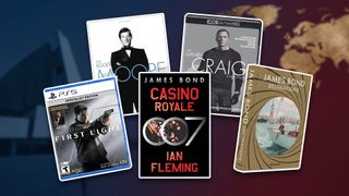 A selection of James Bond books, blu-rays, and games.