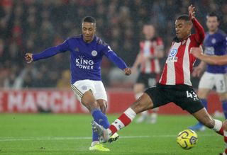 Youri Tielemans, left, scores Leicester’s second