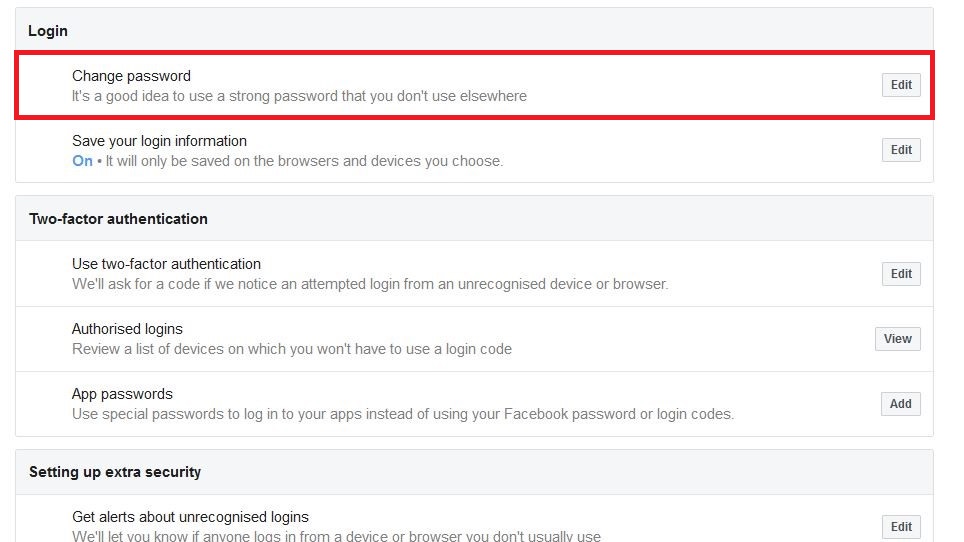 Как изменить пароль на Facebook: нажмите «Изменить пароль».