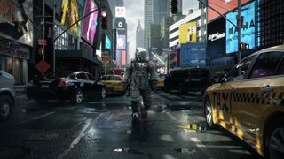 A player walking in a futuristic street in the upcoming PS5 game, Pragmata.