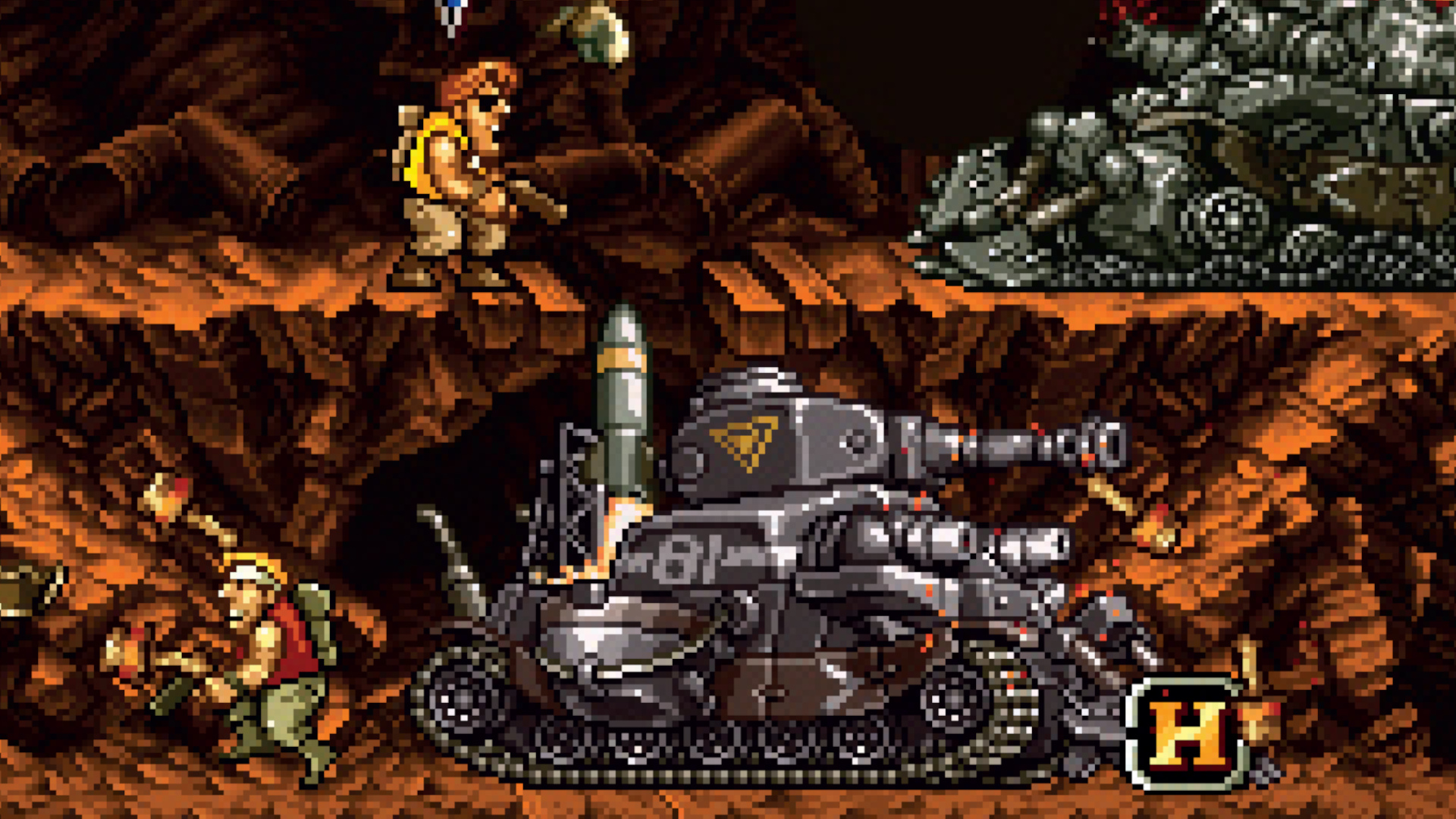 A tank fires missiles at players in Metal Slug, from Retro Gamer #98
