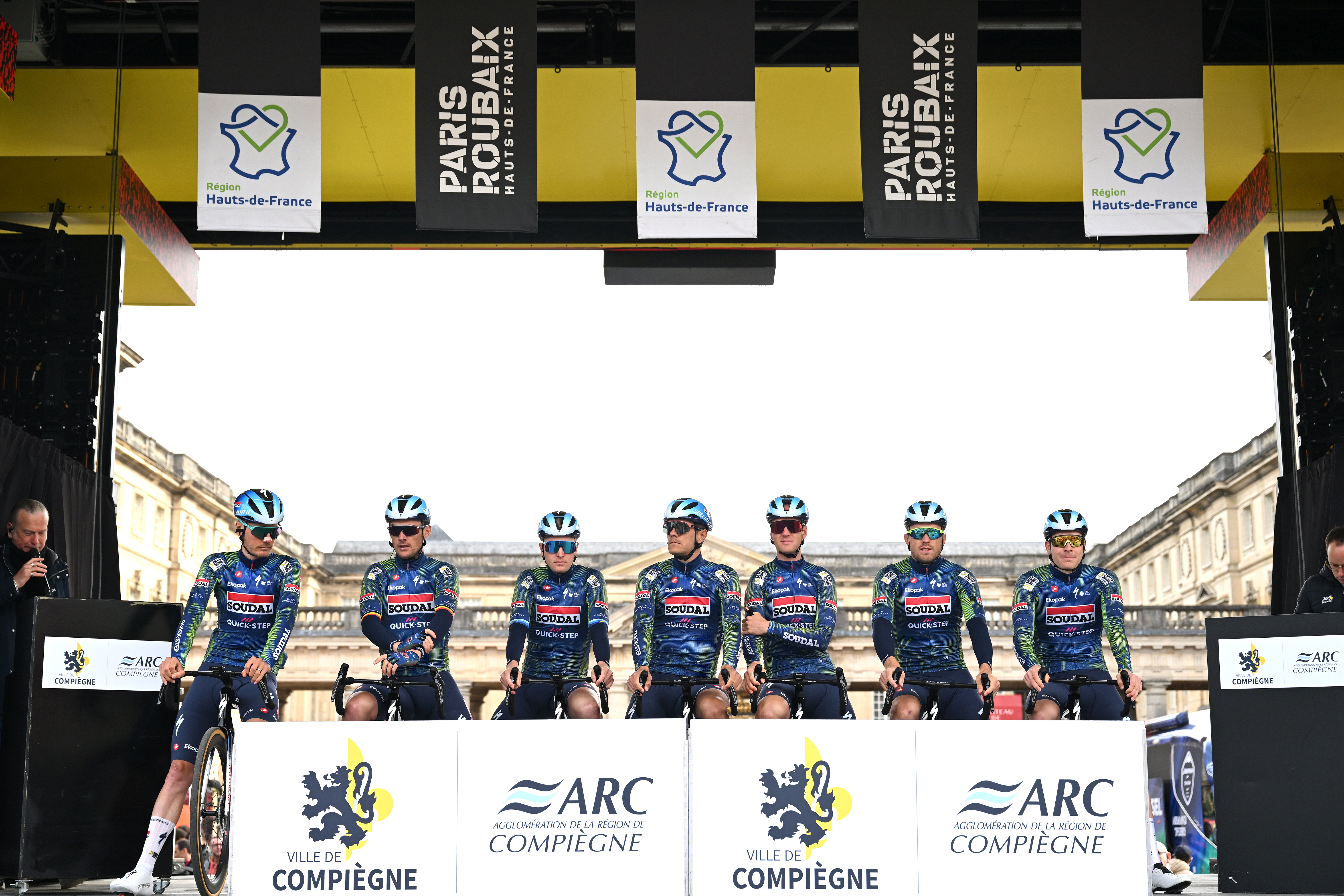 Dylan van Baarle, Yves Lampaert, Tim Merlier Jasper Stuyven, Dries Van Gestel, Bert Van Lerberghe Jonathan Vervenne of Soudal-Quickstep at Paris-Roubaix 2026 (Photo by Dario Belingheri/Getty Images)