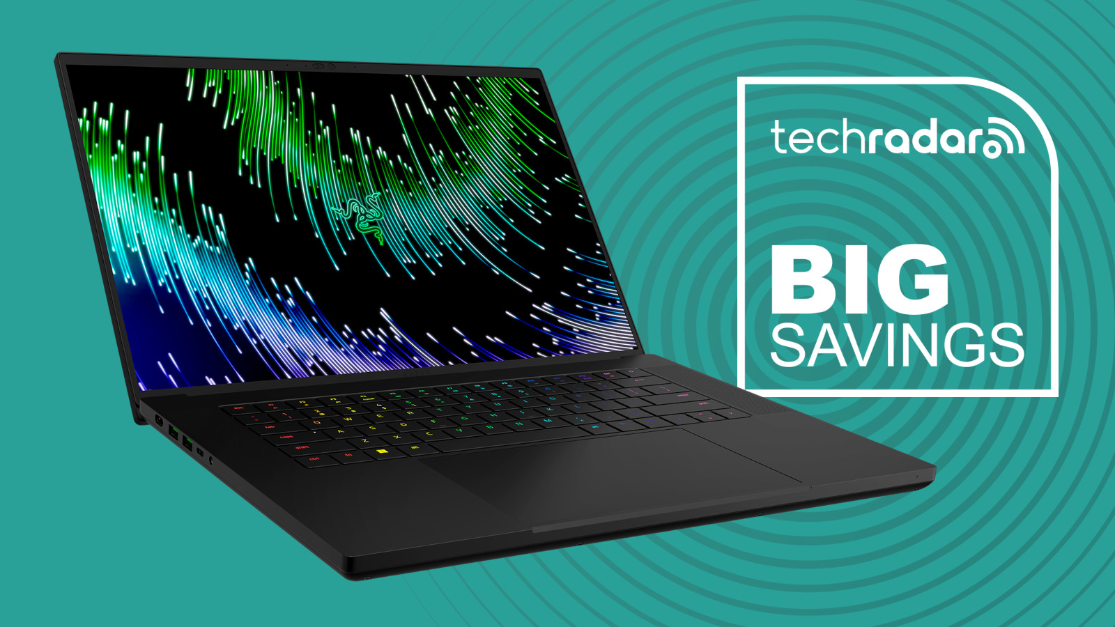 The Razer Blade 16 on a cyan background with the text 'BIG SAVINGS'.