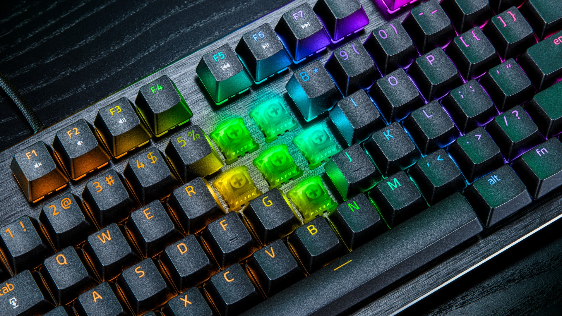 Close up on RGB Hall effect switches inside Razer Huntsman V3 HE gaming keyboard