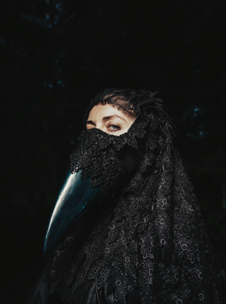 Woman in crow mask, Isabel Castro Jung artwork, part of Sarabande Summer Group Show