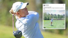 Bailey Shoemaker holds her finish on a tee shot and an inset of a video on X that went viral of her pre-shot routine