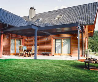 A patio cover on a modern home