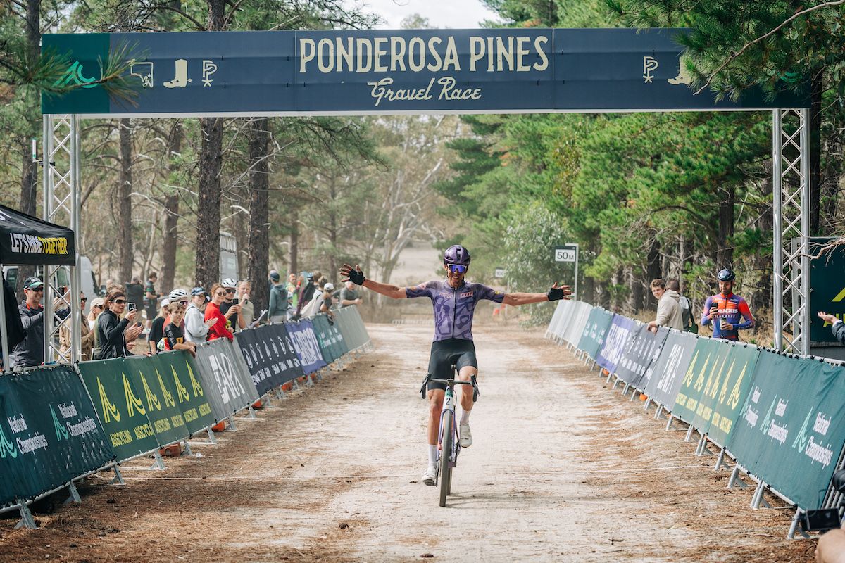 Mark O'Brien (Trappist) celebrates securing the 2025 title at the AusCycling Gravel National Championships in South Australia at Ponderosa Pines
