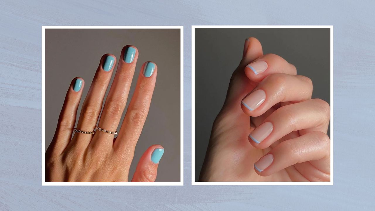 A close up of a hand with a pale blue nail design, alongside a close up of a hand with pastel blue short French tip nails by nail artist @matejanova/ Mateja Novakovic/ in a pale blue textured template