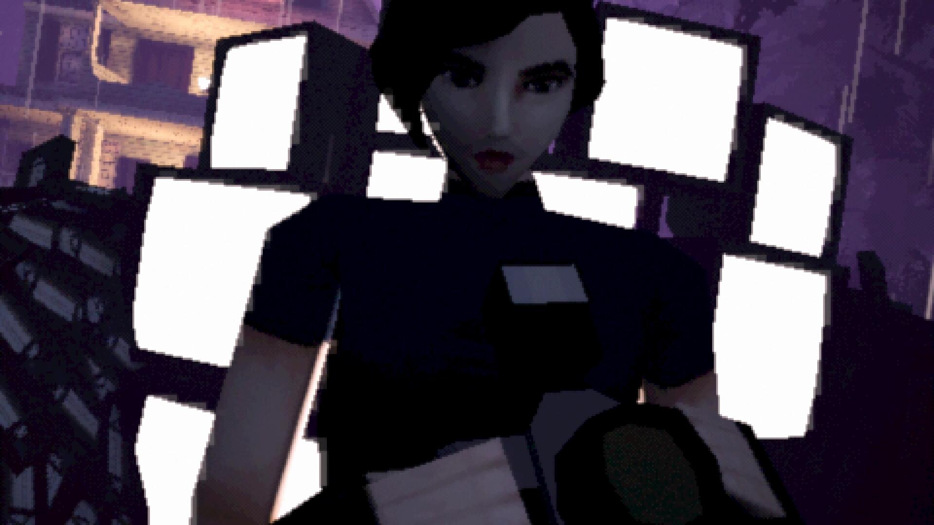 With TV sets lighting her from behind, Sam readies her camera in a cutscene in Heartworm