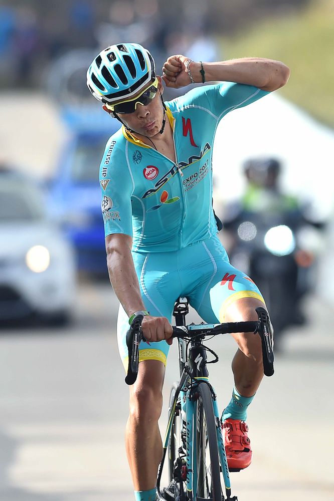 Miguel A. Lopez crosses the finish line to win stage 6 at the Tour de San Luis