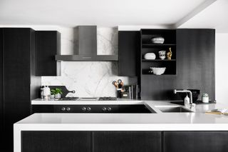 monochrome kitchen with marble peninsula