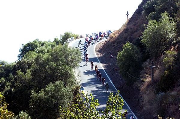 The peloton races along in stage three.